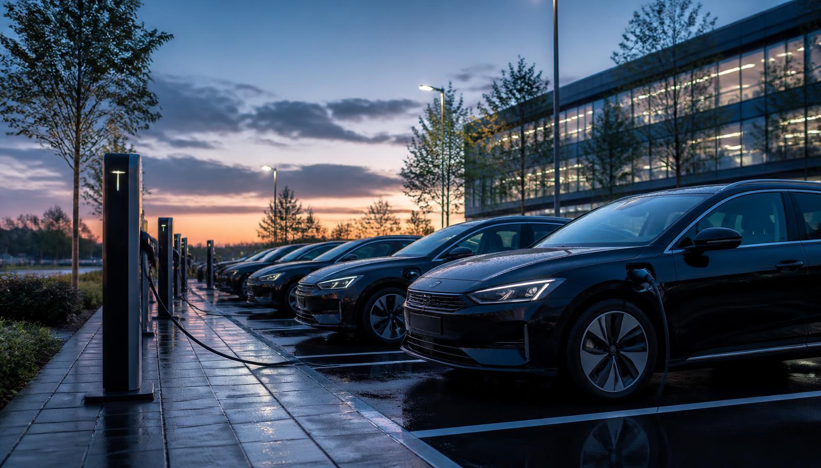 Elektrische bedrijfswagens aan het laden op een kantoorparking