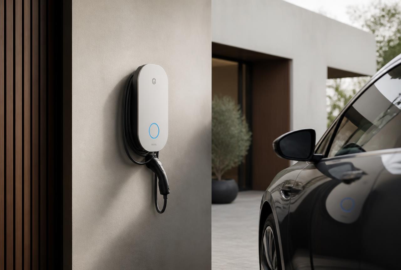 Thuislader met geïntegreerde kabel aan een woning, naast een elektrische wagen